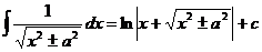dhílis (1 / sqrt (x ^ 2 + - a ^ 2) * dx) = ln (abs (x + sqrt (x ^ 2 + - a ^ 2)) + c